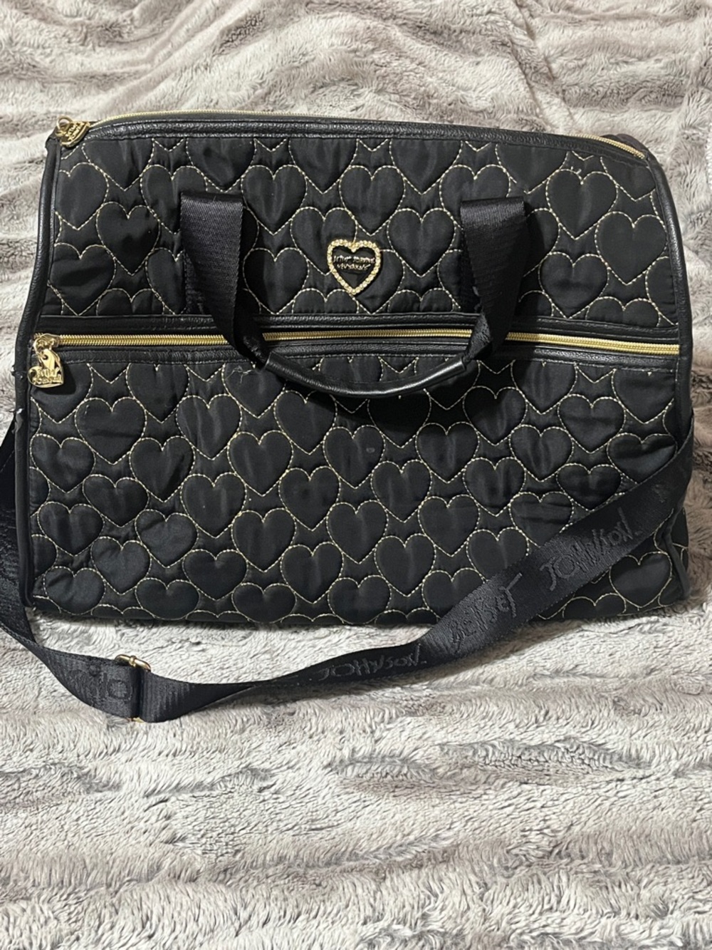 Betsey Johnson Black Quilted Heart Travel Weekender Bag with Gold Accents